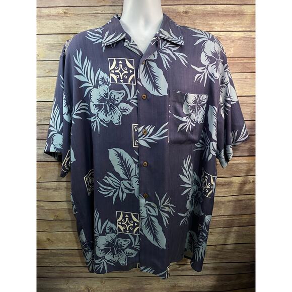 Jos A Bank Shirt Mens L Blue Palm Trees 100%  Silk Hawaiian Button Up Relaxed - Picture 2 of 9
